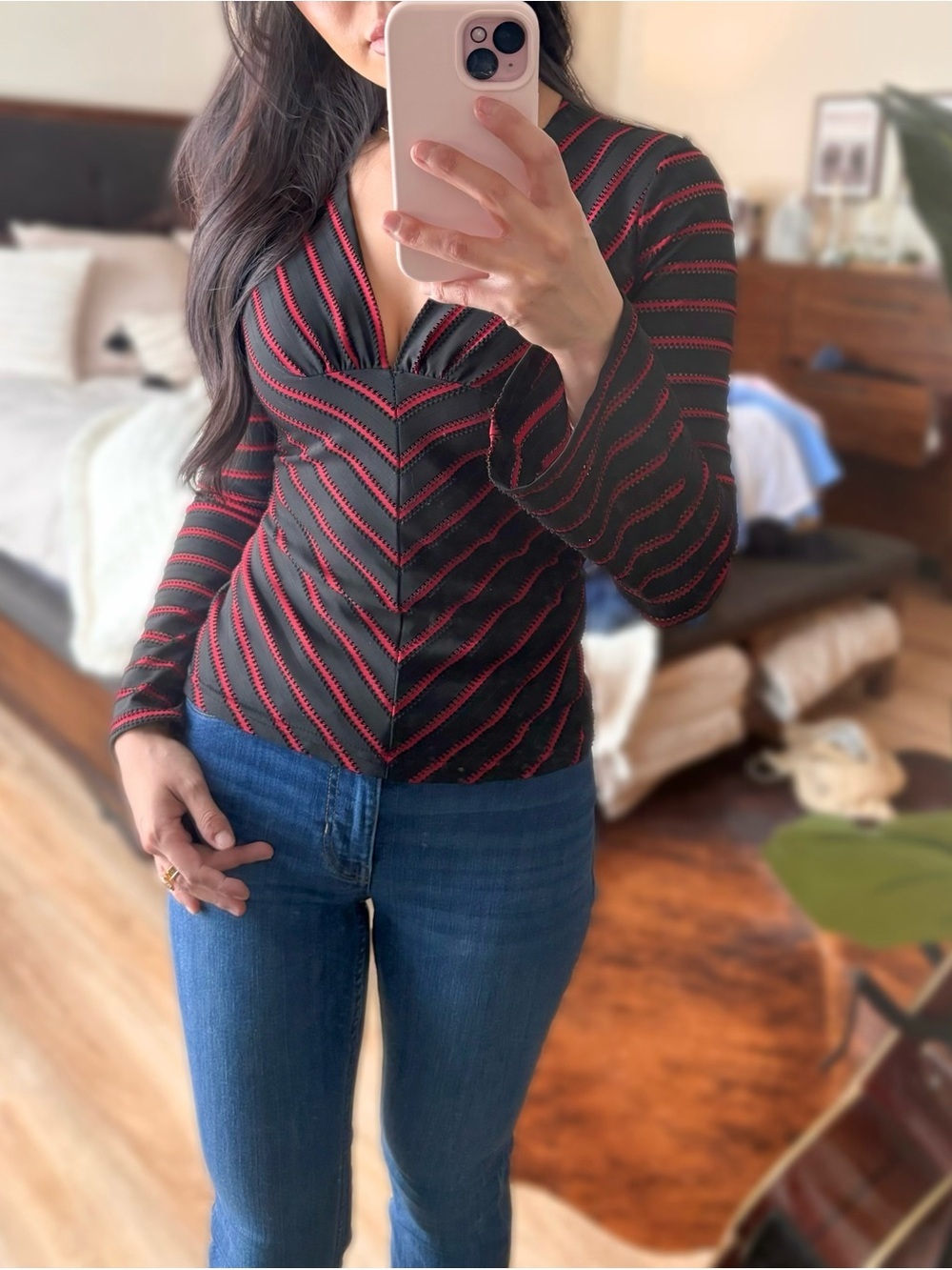 Unk Black & Red Striped V-Neck Long Sleeve Top - Picture 3 of 3